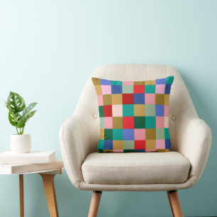 Colorful Patchwork Checkerboard Modern Geometric Throw Pillow