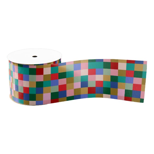 Colorful Patchwork Checkerboard Modern Holiday Grosgrain Ribbon (Spool)