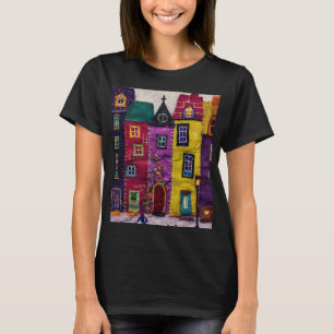Colorful Patchwork Houses Textile Art T-Shirt