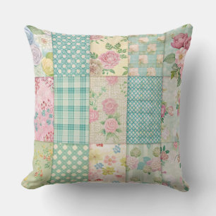 COLORFUL PATCHWORK PATTERNS WITH WHITE DAISIES THROW PILLOW