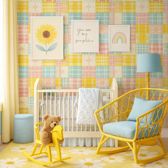 Colorful Patchwork Plaid Blue Yellow Pink  Wallpaper ( Cheerful pastel patchwork wallpaper adds playful charm and spring color to any nursery )