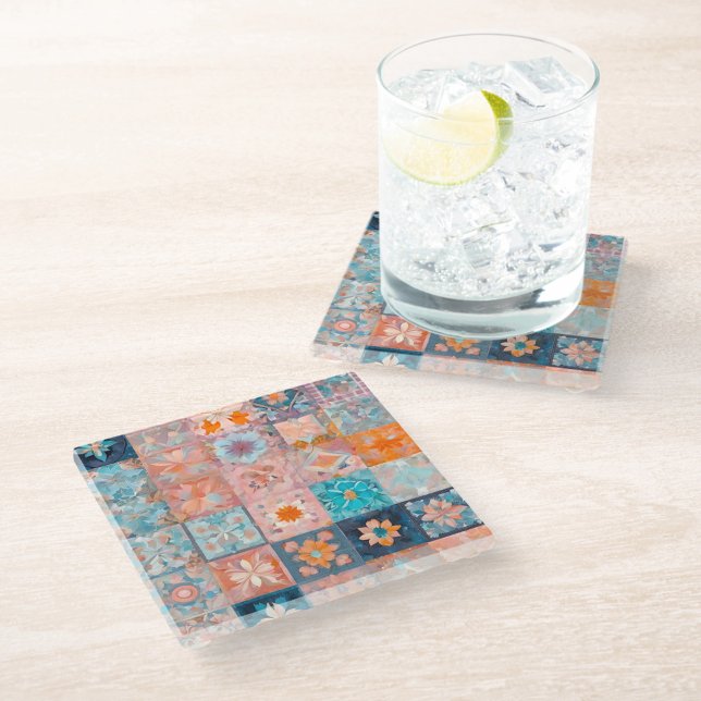Colorful Patchwork Quilt Art Glass Coaster (Creator Uploaded)