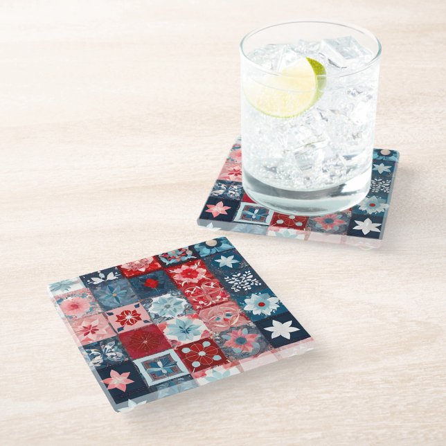 Colorful Patchwork Quilt Art Glass Coaster (Creator Uploaded)