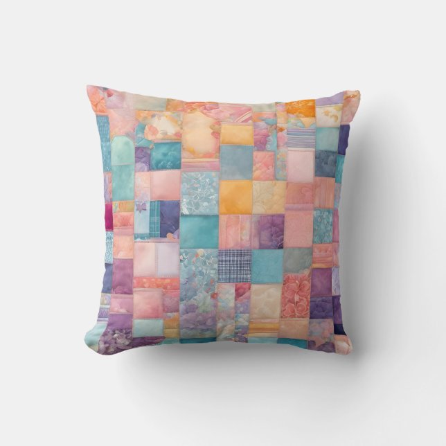 Colorful Patchwork Quilt Art Square Throw Pillow (Front)