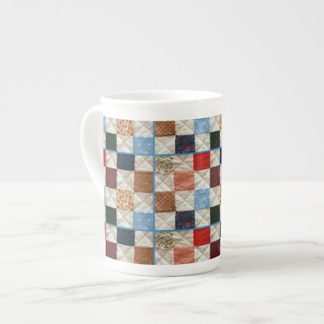 Colorful patchwork quilt pattern bone china mug (Front Left)