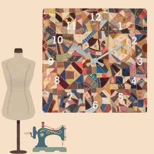 Colorful Patchwork Quilt Rustic Sewing Room Square Wall Clock