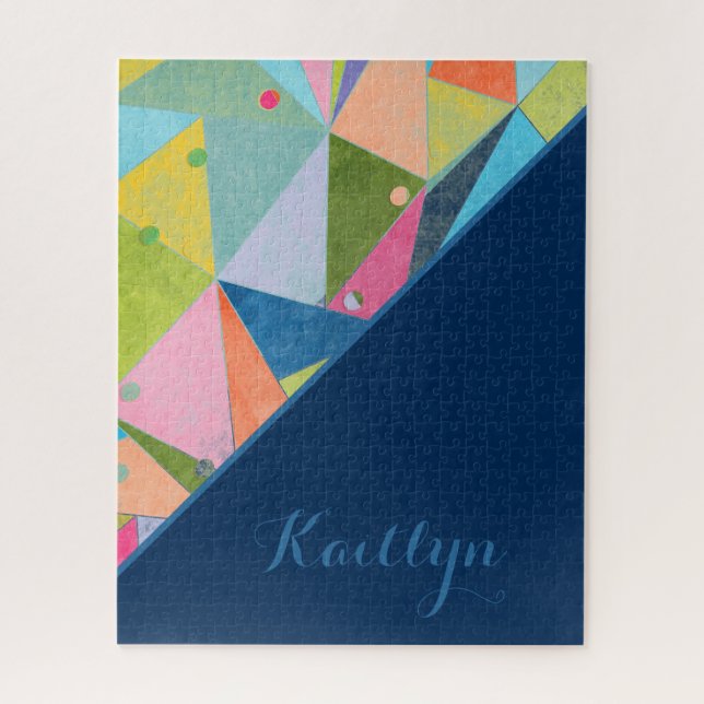 Colorful Pattern Monogrammed Blue First Name Shape Jigsaw Puzzle (Vertical)