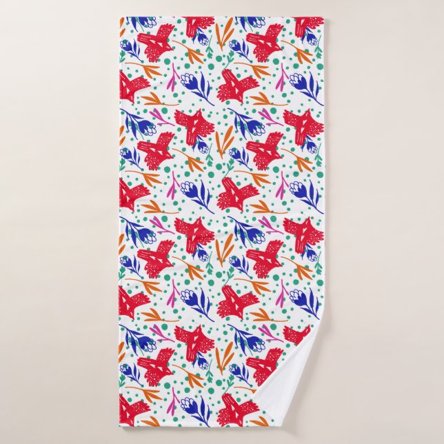 Colorful pattern of birds, flowers, circles bath towel (Bath Towel)