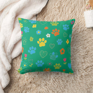 Colorful Paw Print, Heart, and Flower Pattern Throw Pillow