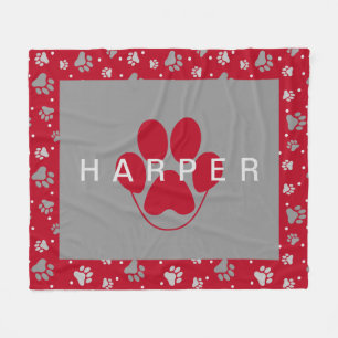 Colorful Paw Print Pattern Pet Name Red Fleece Pet Blanket