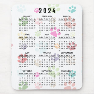 Colorful Paw Prints 2024 Calendar Mousepad