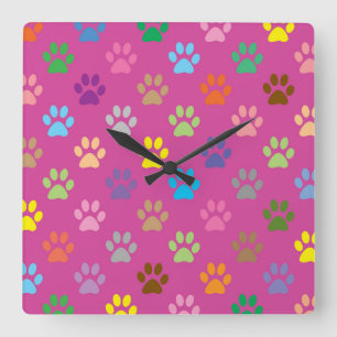 Colorful paw prints pattern square wall clock