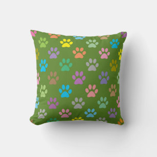 Colorful paw prints pattern throw pillow