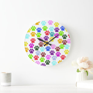 Colorful Paws, Paw Pattern, Dog Paws, Paw Prints Large Clock