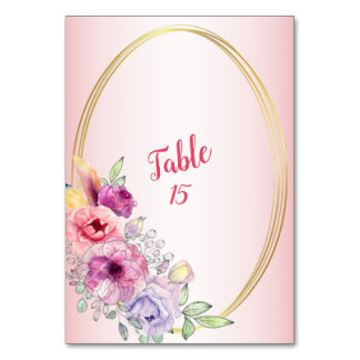 Colorful Peach Floral Golden Watercolor Wedding Table Number