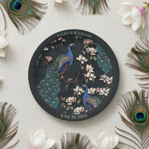 Colorful Peacock Black Paper Plate
