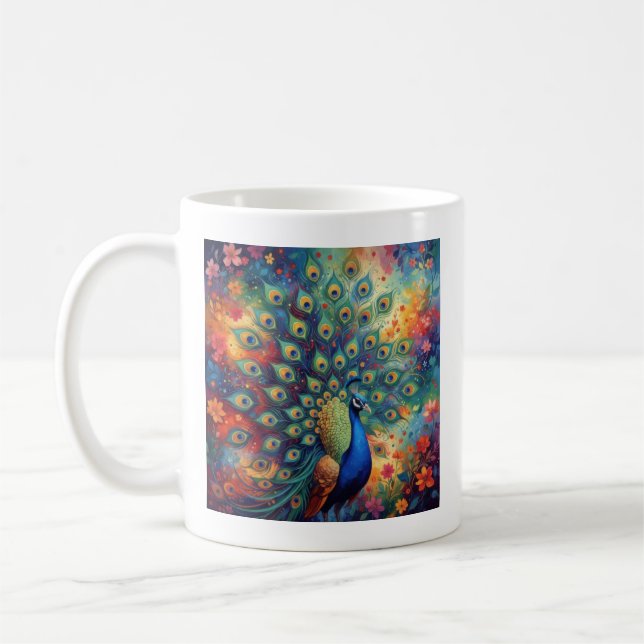 Colorful Peacock Feathers and Flowers Coffee Mug (Left)