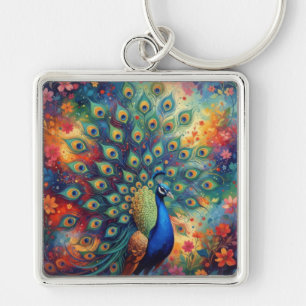Colorful Peacock Feathers and Flowers Keychain