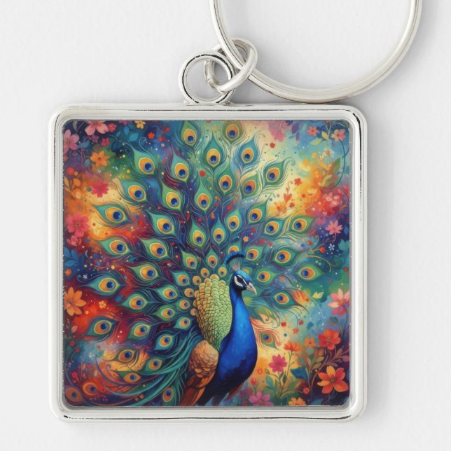 Colorful Peacock Feathers and Flowers Keychain (Front)