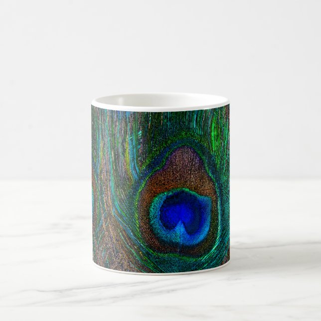 Colorful Peacock Feathers Etching Style Coffee Mug (Center)