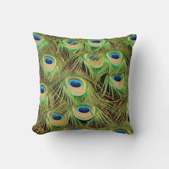 Colorful peacock feathers throw pillow (Front)