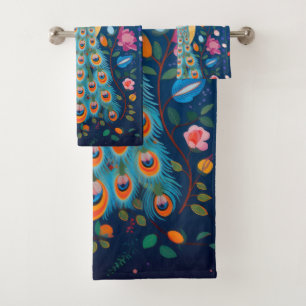 Colorful Peacock with Blue Green Orange Feathers Bath Towel Set