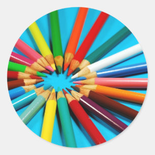 Colorful pencil crayons pattern classic round sticker