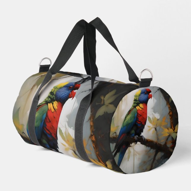 Colorful Perch: A Rainbow Lorikeet in the Tree Duffle Bag (Left Corner)