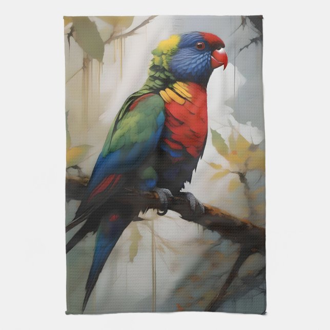 Colorful Perch: A Rainbow Lorikeet in the Tree Kitchen Towel (Vertical)