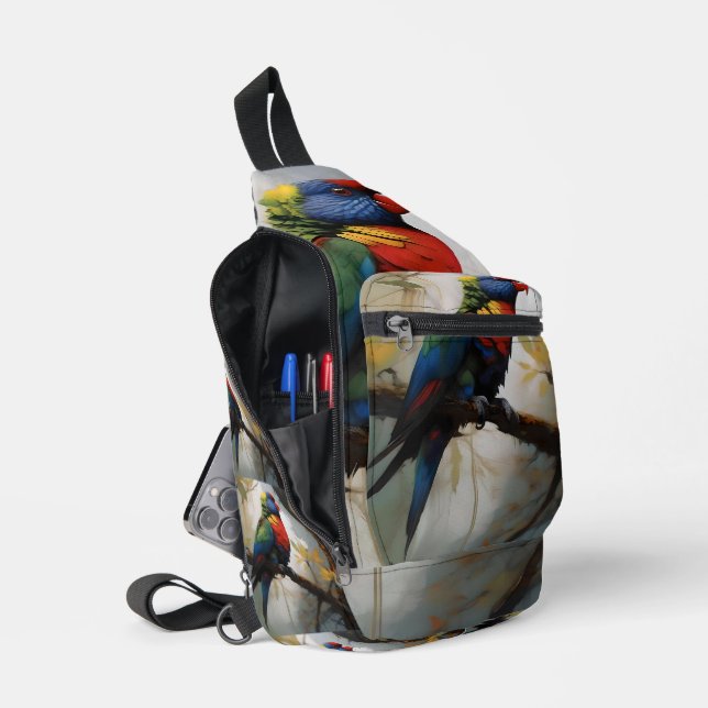 Colorful Perch: A Rainbow Lorikeet in the Tree Sling Bag (Open)