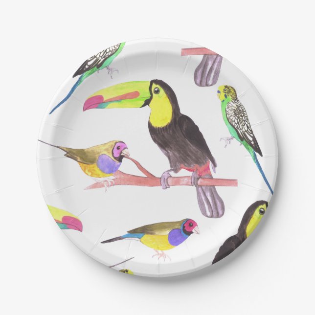 Colorful pet birds perched on a branch paper plate (Front)