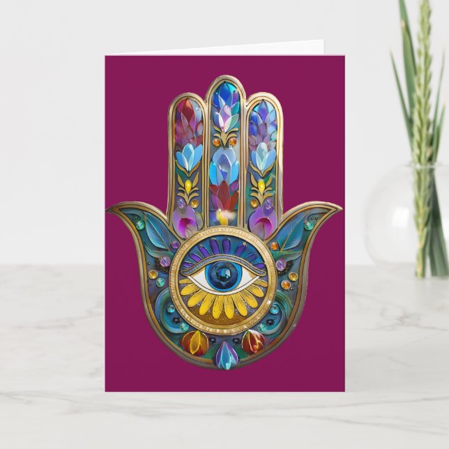 Colorful Petals Leaves Hamsa Sapphire Third Eye Card (Front)