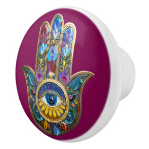 Colorful Petals Leaves Hamsa Sapphire Third Eye Ceramic Knob