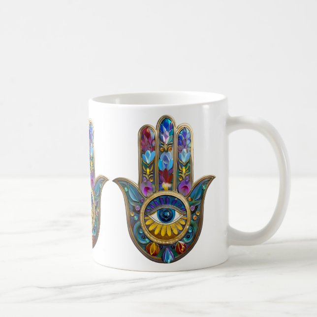 Colorful Petals Leaves Hamsa Sapphire Third Eye Coffee Mug (Right)