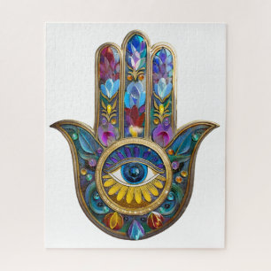 Colorful Petals Leaves Hamsa Sapphire Third Eye Jigsaw Puzzle