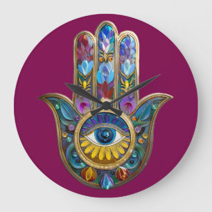 Colorful Petals Leaves Hamsa Sapphire Third Eye Large Clock