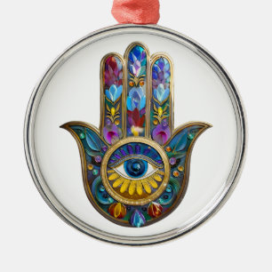 Colorful Petals Leaves Hamsa Sapphire Third Eye Metal Ornament