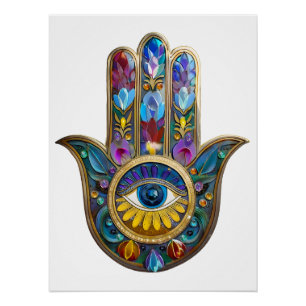 Colorful Petals Leaves Hamsa Sapphire Third Eye Poster