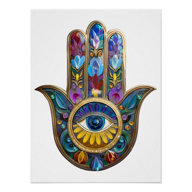 Colorful Petals Leaves Hamsa Sapphire Third Eye Poster (Front)