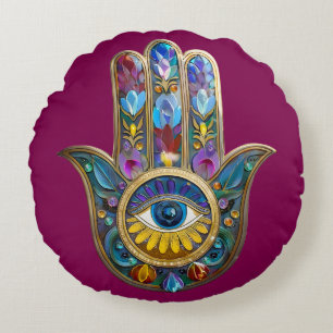 Colorful Petals Leaves Hamsa Sapphire Third Eye Round Pillow