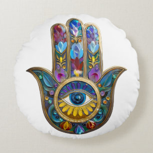 Colorful Petals Leaves Hamsa Sapphire Third Eye Round Pillow