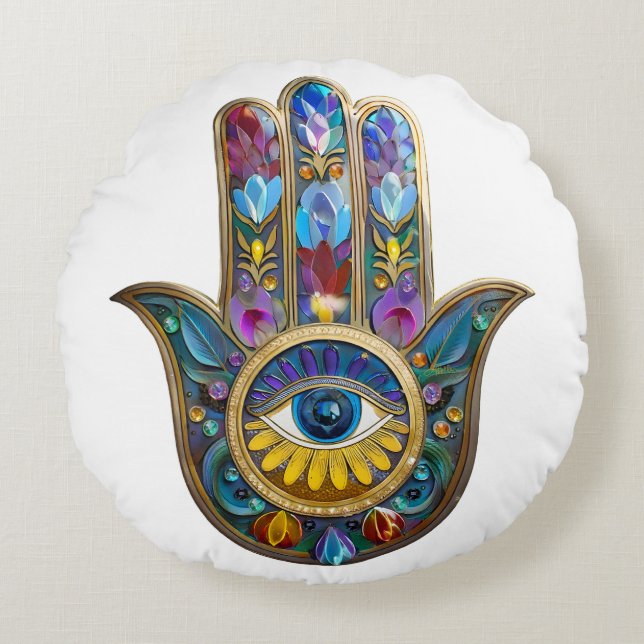 Colorful Petals Leaves Hamsa Sapphire Third Eye Round Pillow (Front)
