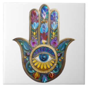 Colorful Petals Leaves Hamsa Sapphire Third Eye Tile