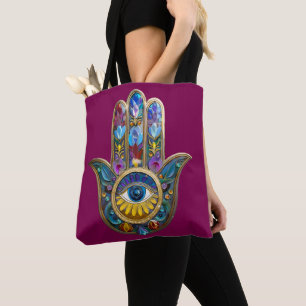 Colorful Petals Leaves Hamsa Sapphire Third Eye Tote Bag