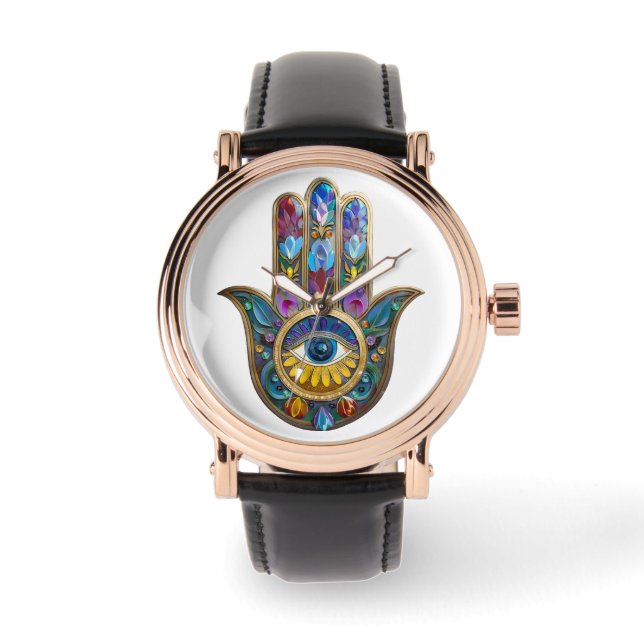 Colorful Petals Leaves Hamsa Sapphire Third Eye Watch (Front)