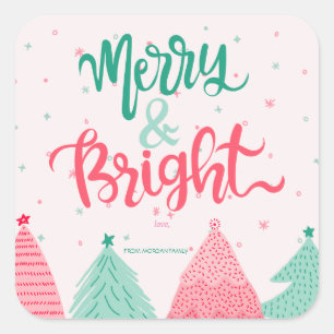 Colorful Pine Trees Merry & Bright Pink Square Sticker