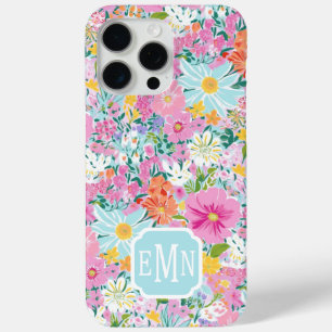 Colorful Pink Garden Monogrammed iPhone 15 Pro Max Case