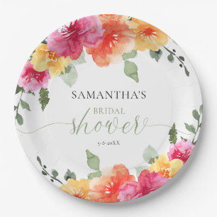 Colorful pink orange peonies spring bridal shower paper plate