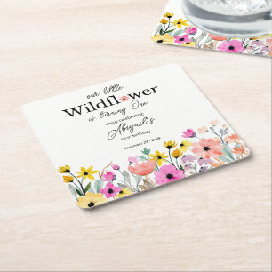 Colorful Pink Our Little Wildflower 1st Birthday Square Paper Coaster