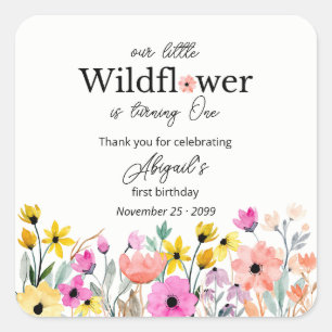 Colorful Pink Our Little Wildflower 1st Birthday Square Sticker
